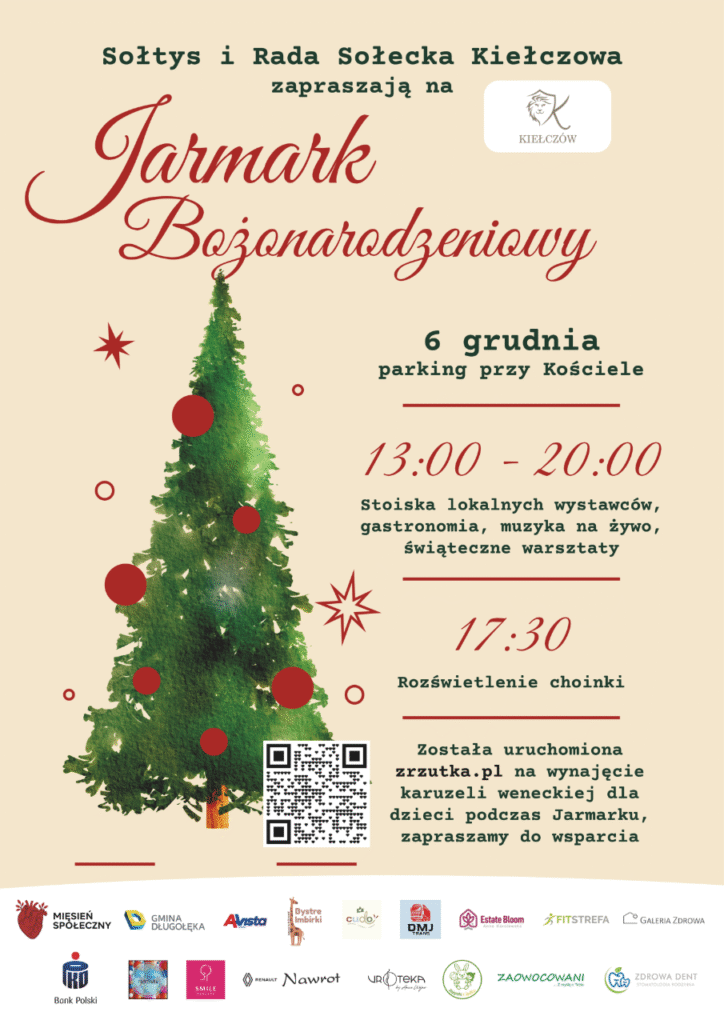 Plakat Jarmarku Bożonarodzeniowego 2025 w Kiełczowie. 6 grudnia 13-20. Rozświetlenie choinki 17:30.